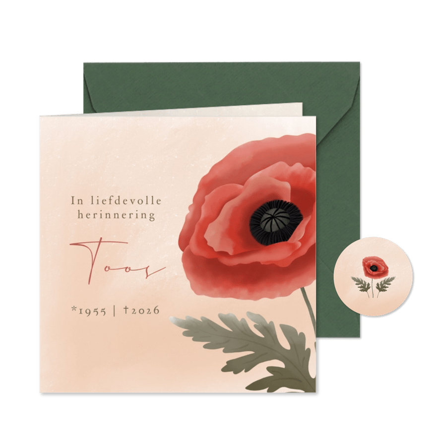 Rouwkaart voor vrouw met geschilderde klaproos - Kaartimpressie
