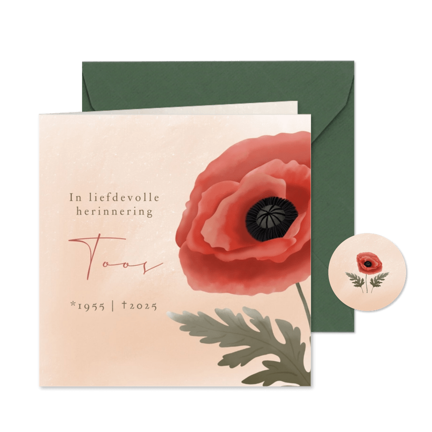 Rouwkaart voor vrouw met geschilderde klaproos - Kaartimpressie