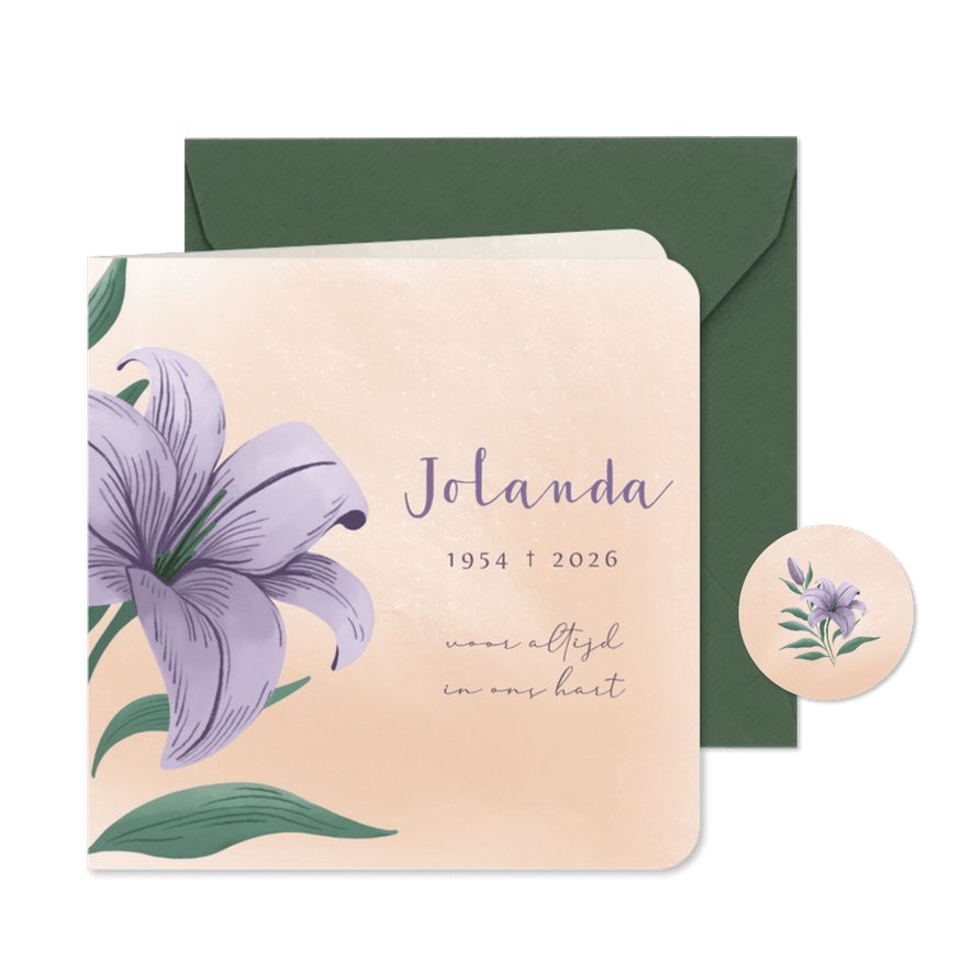 Rouwkaart voor vrouw met illustratie van paarse lelie - Kaartimpressie