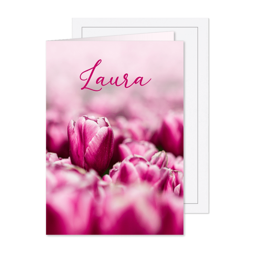Rouwkaart vrouw met roze tulpen  - Kaartimpressie