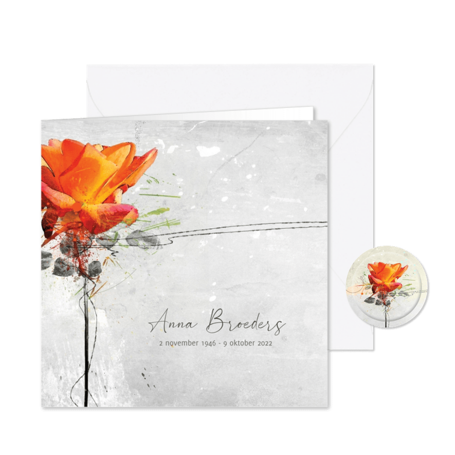 Rouwkaart vurig oranje roos - Kaartimpressie