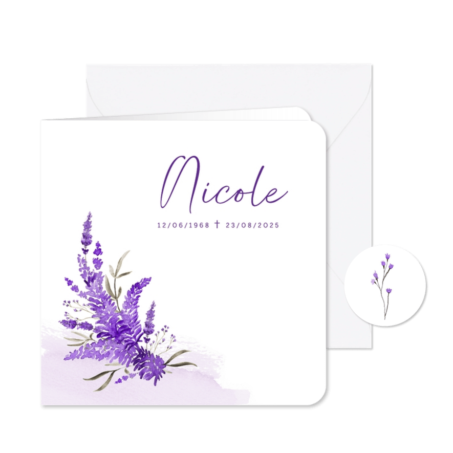 Rouwkaart waterverf lavendel stijlvol afscheid - Kaartimpressie