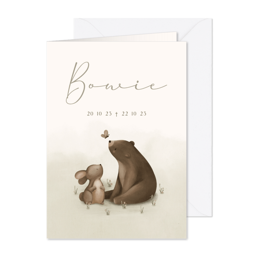 Rouwkaart waterverf met beertje konijn en vlinder - Kaartimpressie