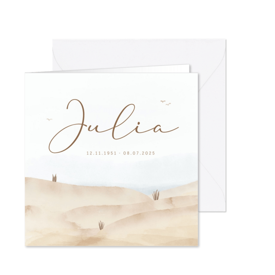 Rouwkaart waterverf met zand duinen en vogeltjes  - Kaartimpressie