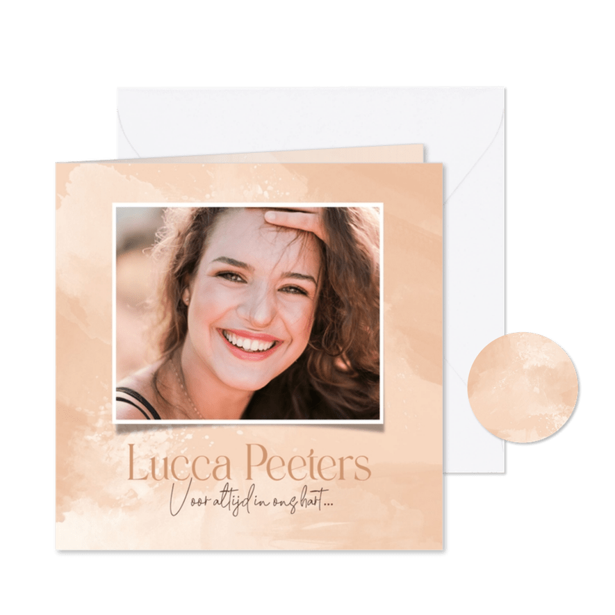 Rouwkaart waterverf zalmroze stijlvol foto takje - Kaartimpressie