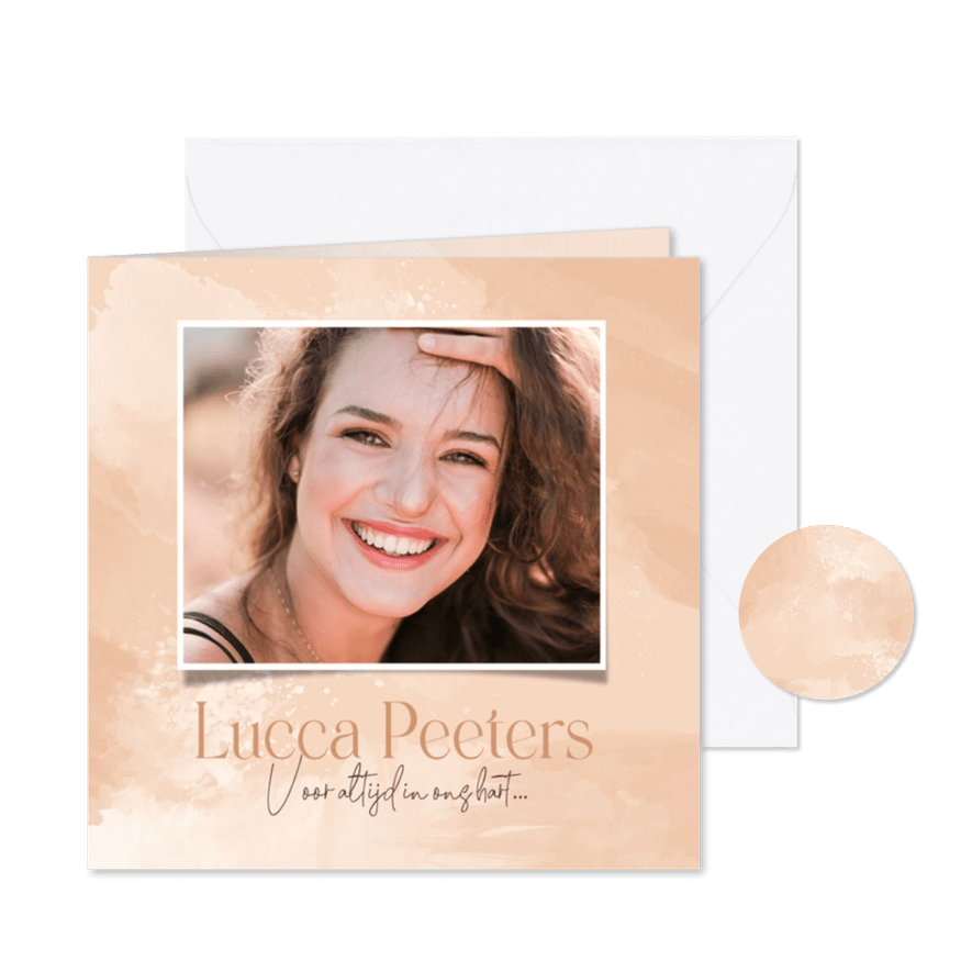 Rouwkaart waterverf zalmroze stijlvol foto takje  - Kaartimpressie