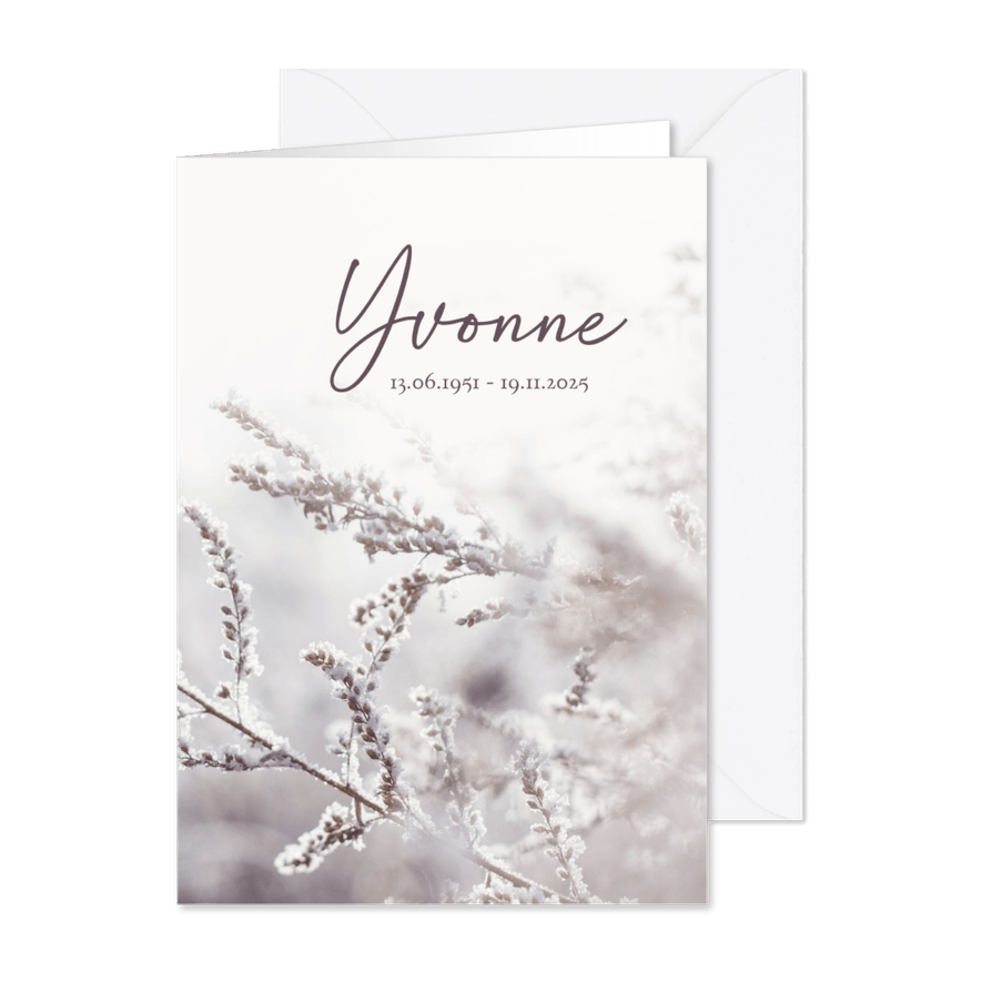 Rouwkaart winterse natuurfoto paarse tint - Kaartimpressie