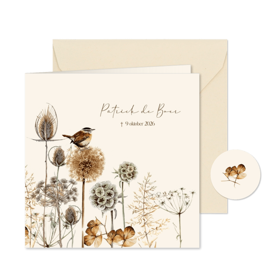 Rouwkaart wintertakken winterkoninkje - Kaartimpressie