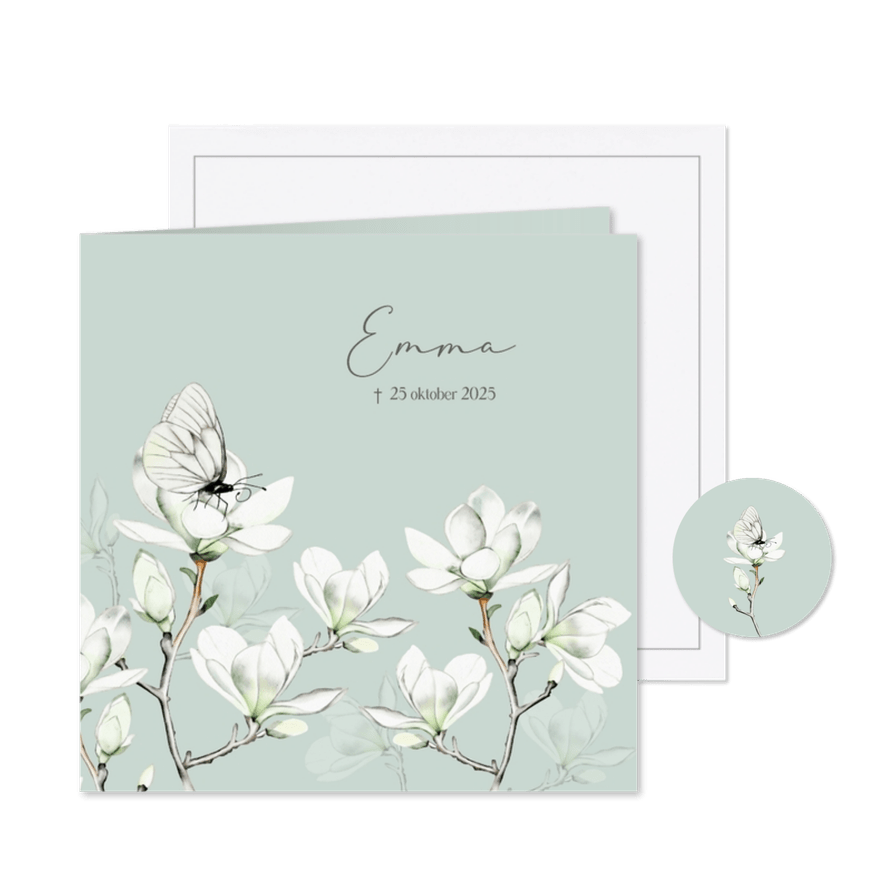 Rouwkaart witte magnoliatak vlinder - Kaartimpressie