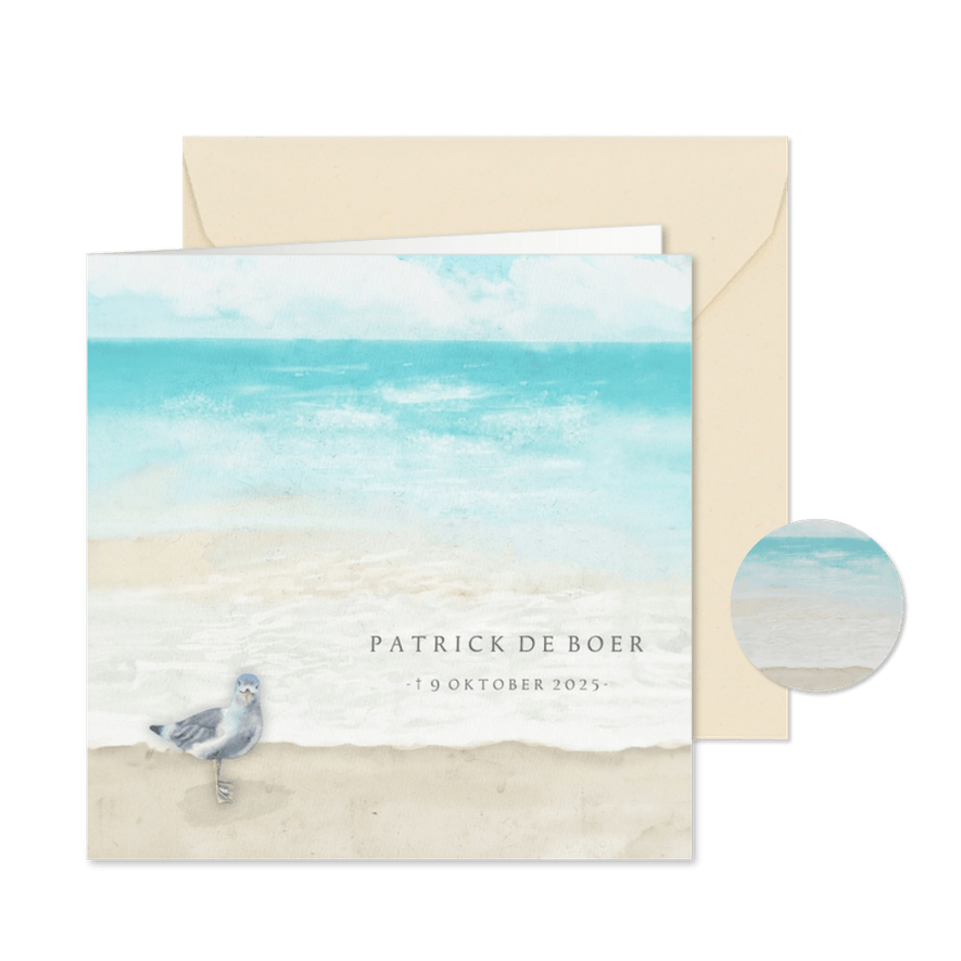 Rouwkaart zee en strand met meeuw - Kaartimpressie