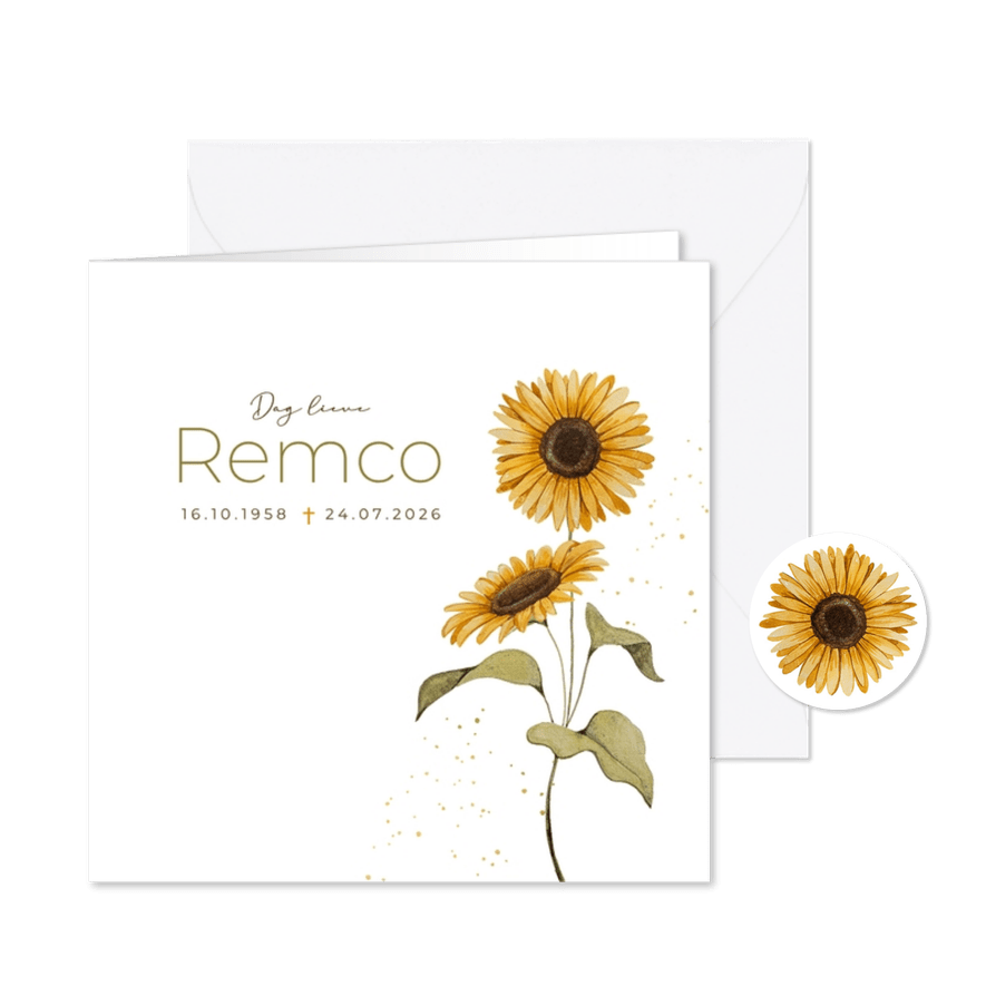 Rouwkaart zonnebloem stijlvol afscheid volwassene - Kaartimpressie
