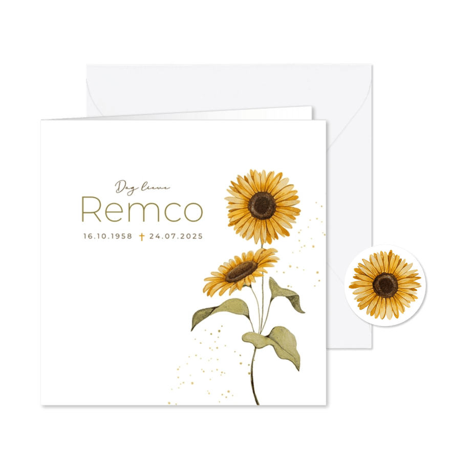 Rouwkaart zonnebloem stijlvol afscheid volwassene - Kaartimpressie