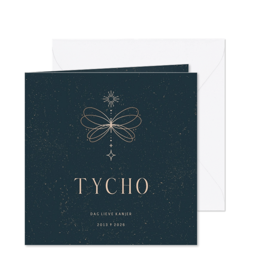 Rouwkaartje blauw met lijntekening van vlinder - Kaartimpressie