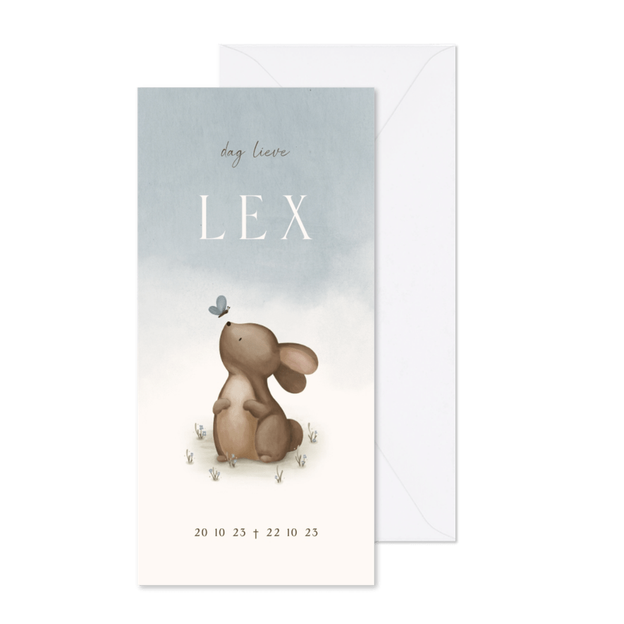 Rouwkaartje blauwe waterverf met een konijn en vlinder - Kaartimpressie