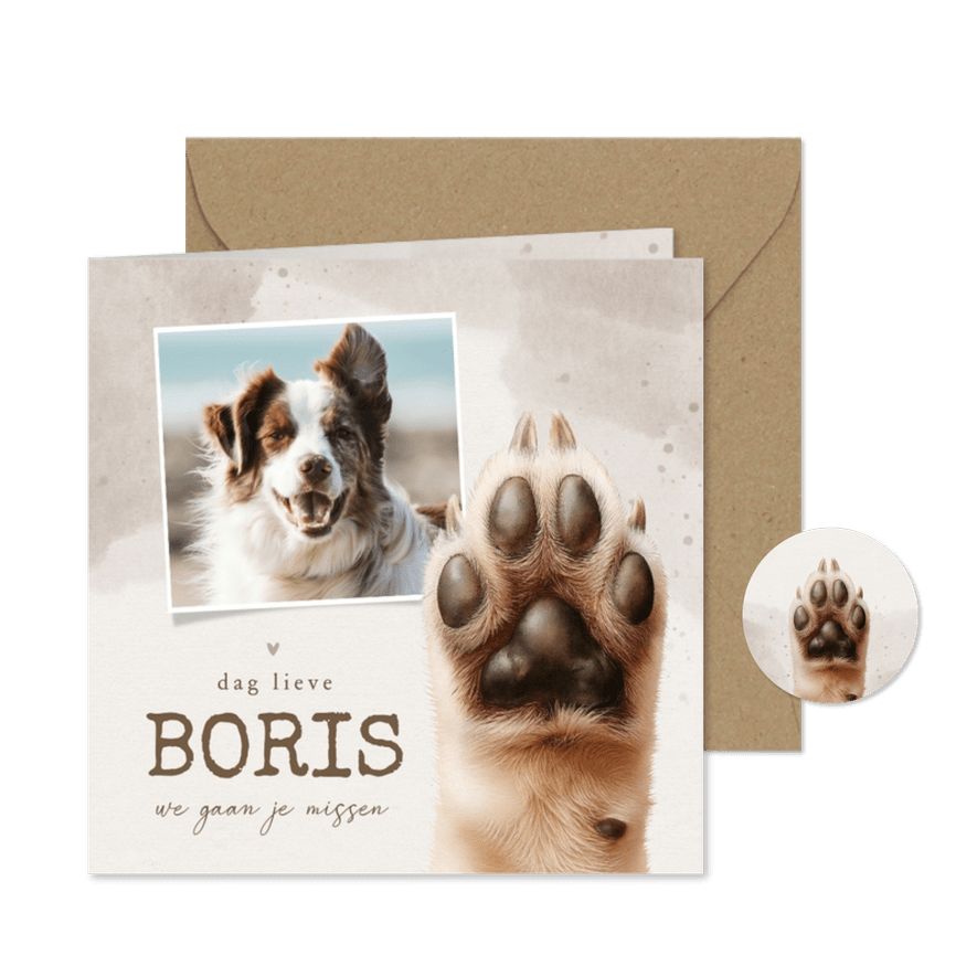 Rouwkaartje hond met hondenpootje en foto waterverf - Kaartimpressie