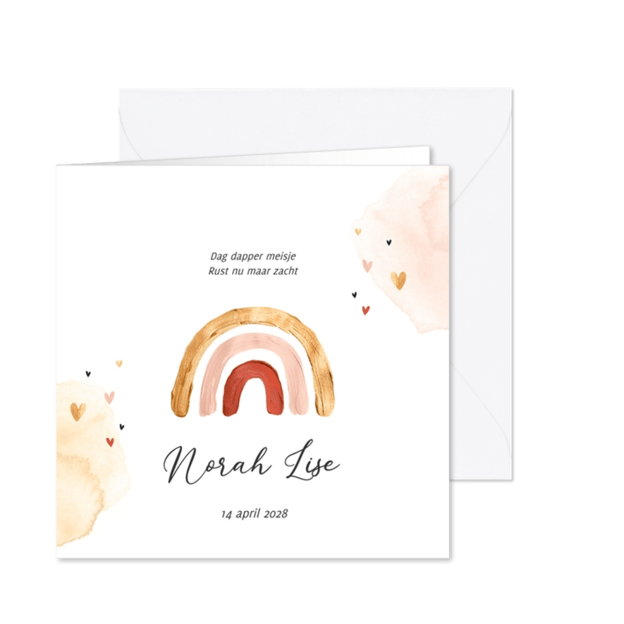 Rouwkaartje meisje regenboog hartjes waterverf - Kaartimpressie