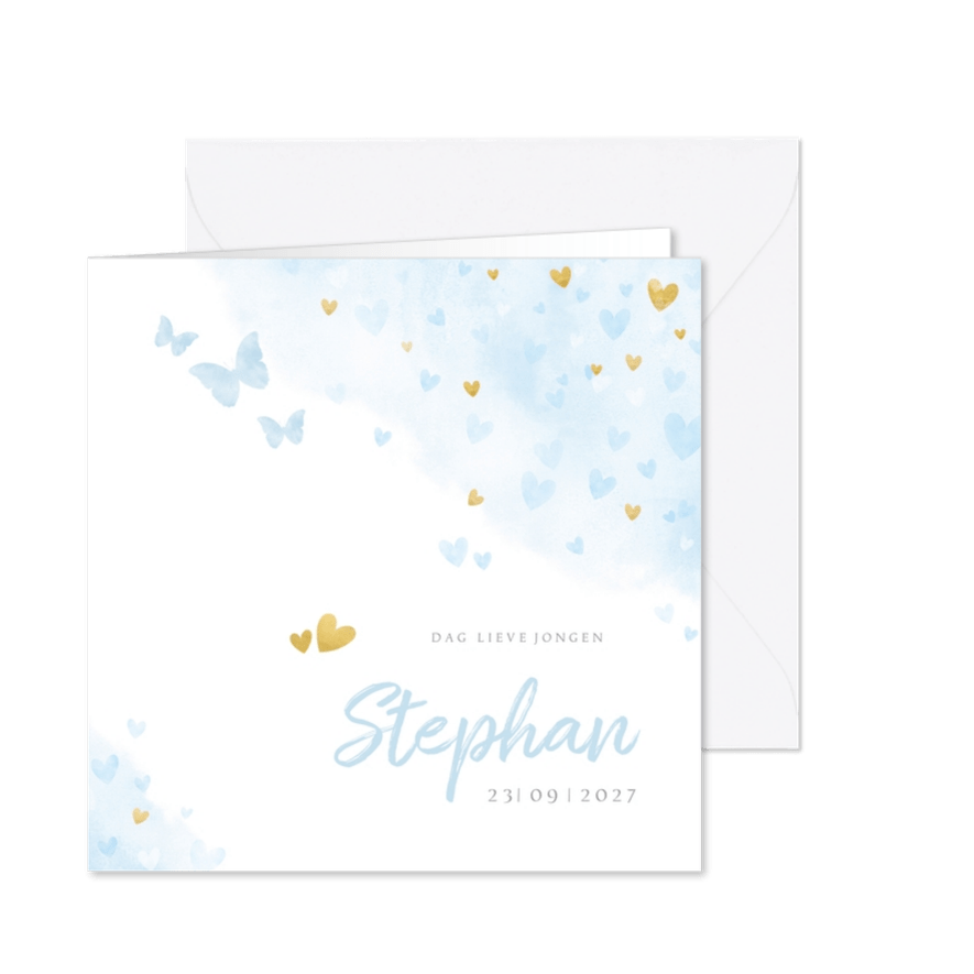 Rouwkaartje met blauwe en gouden hartjes - Kaartimpressie