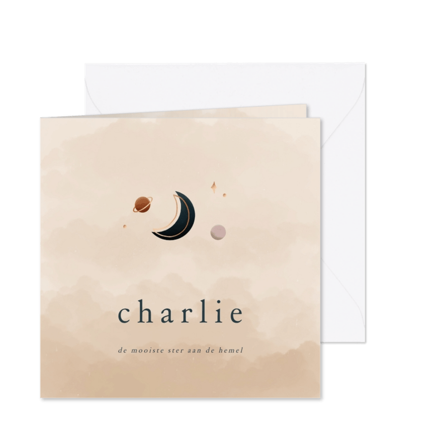 Rouwkaartje met een maan en planeetjes in beige - Kaartimpressie