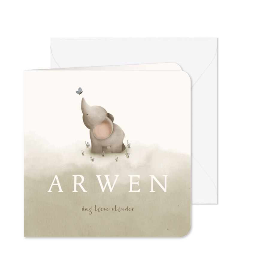 Rouwkaartje met groene waterverf, een olifantje en vlinder - Kaartimpressie