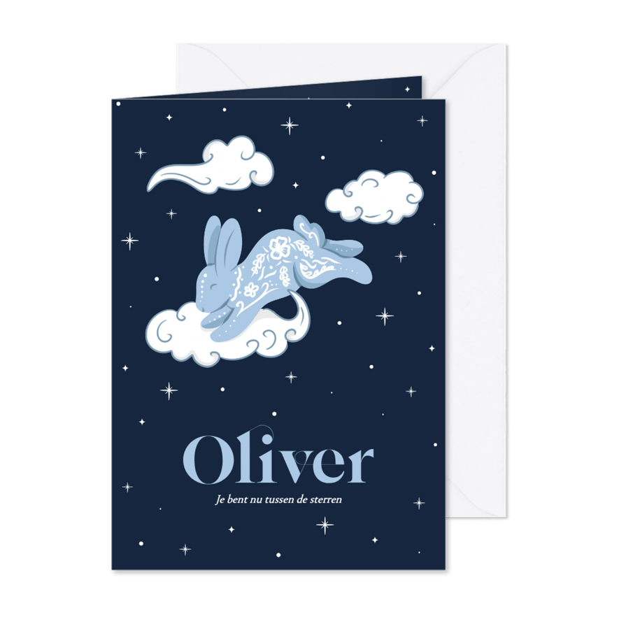 Rouwkaartje met konijntje in de wolken en sterren blauw - Kaartimpressie
