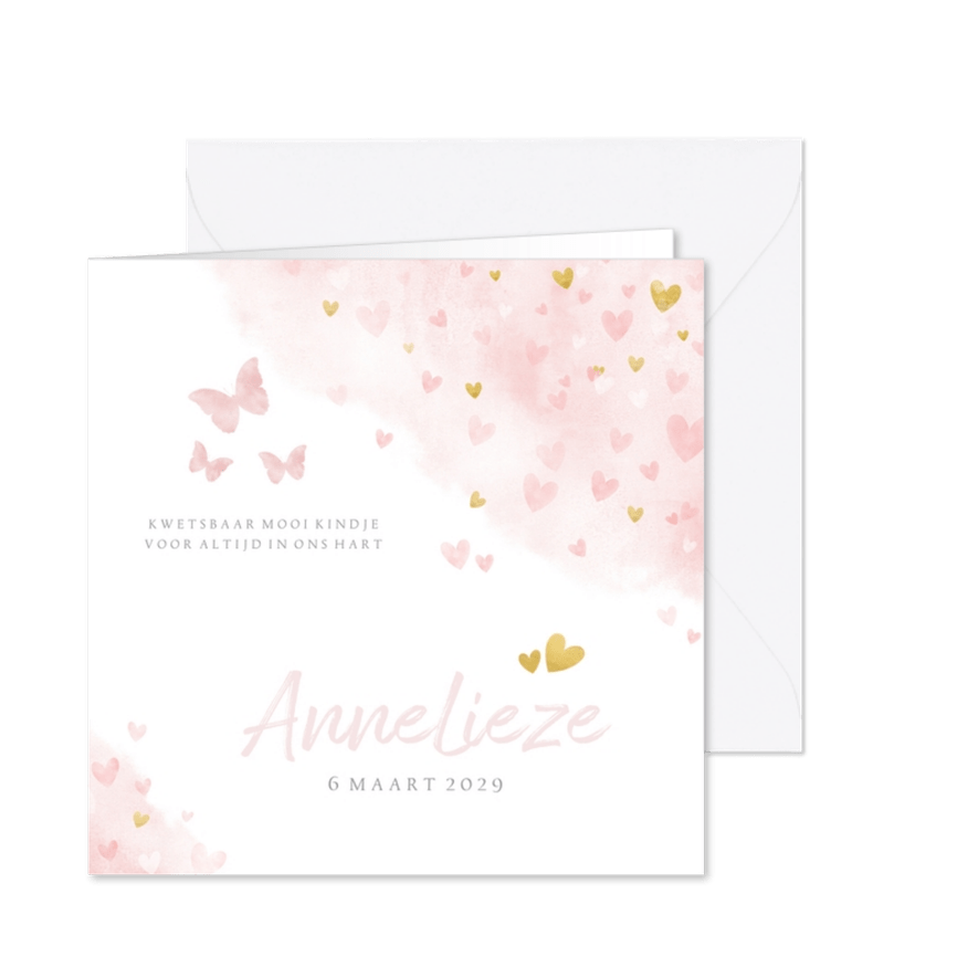 Rouwkaartje met roze en gouden hartjes voor een meisje - Kaartimpressie