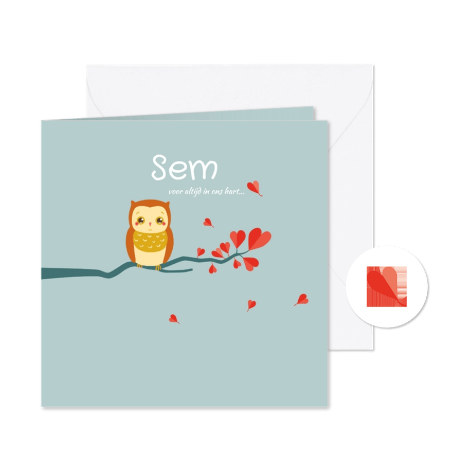 Rouwkaartje met uiltje op tak voor een jongetje - Kaartimpressie
