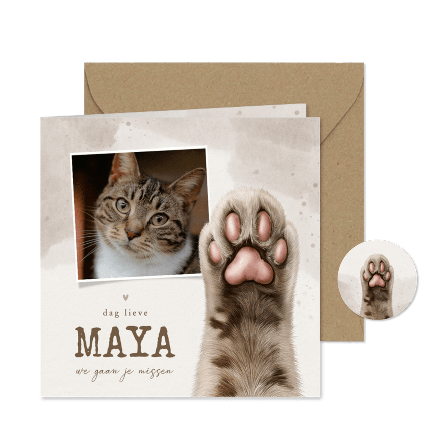 Rouwkaartje met waterverf kat met kattenpootje en mooie foto - Kaartimpressie