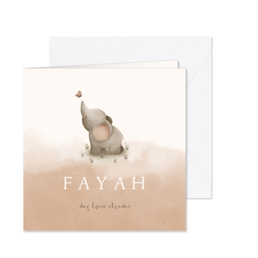 Rouwkaartje met zalmroze waterverf een olifantje en vlinder - Kaartimpressie