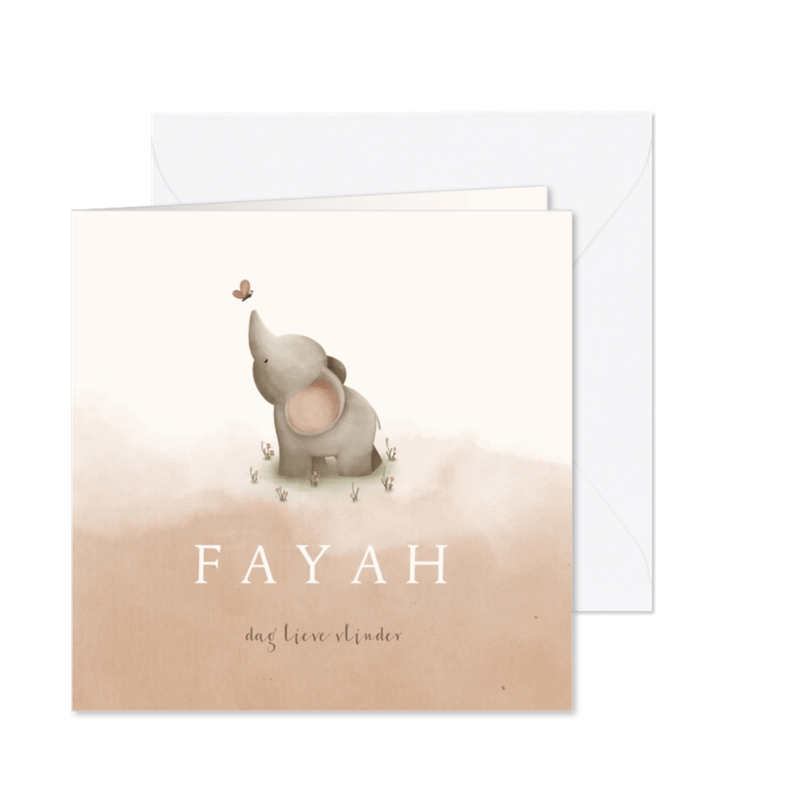 Rouwkaartje met zalmroze waterverf een olifantje en vlinder - Kaartimpressie
