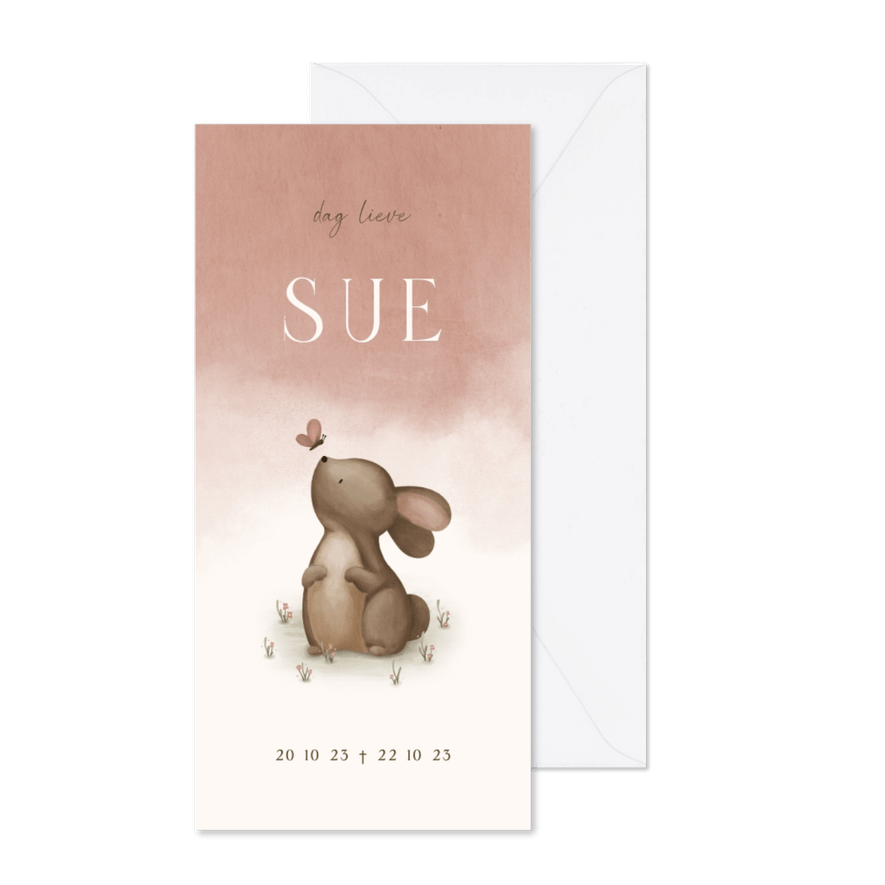 Rouwkaartje roze waterverf met een konijn en vlinder - Kaartimpressie
