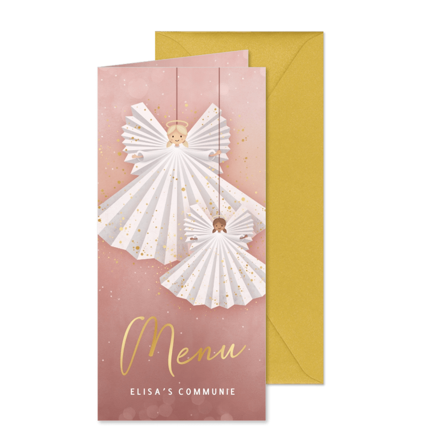 Roze communie menukaart met 2 lieve engeltjes - Kaartimpressie