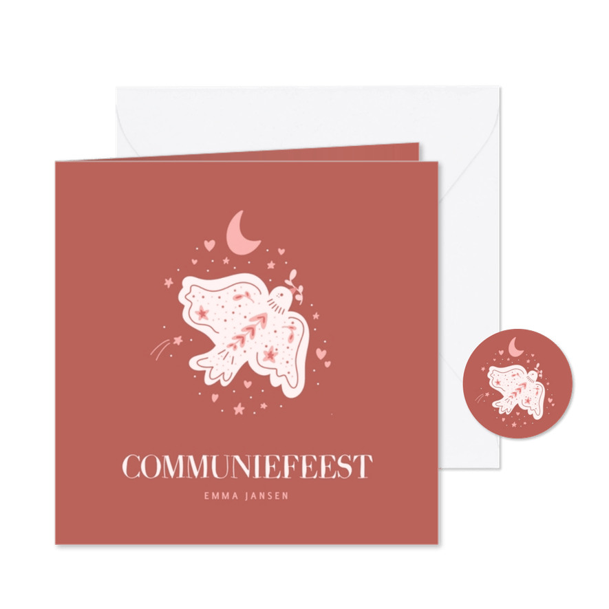 Roze communiekaartje met lief vredesduifje en sterretjes - Kaartimpressie