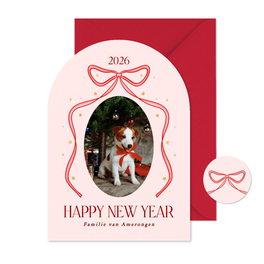 Roze foto nieuwjaarskaart met rode strik boogvorm - Kaartimpressie