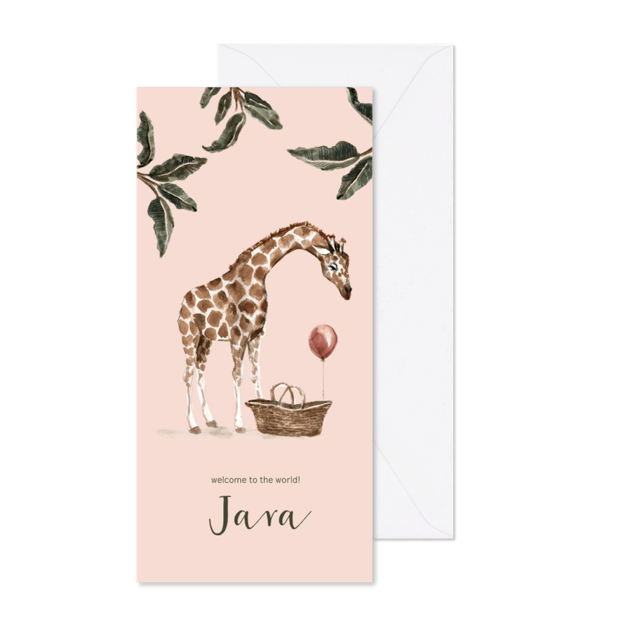 Roze geboortekaartje giraf en baby mandje - Kaartimpressie
