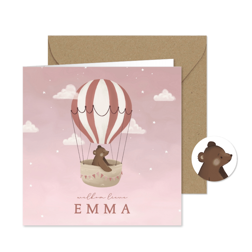 Roze geboortekaartje met beer in luchtballon - Kaartimpressie