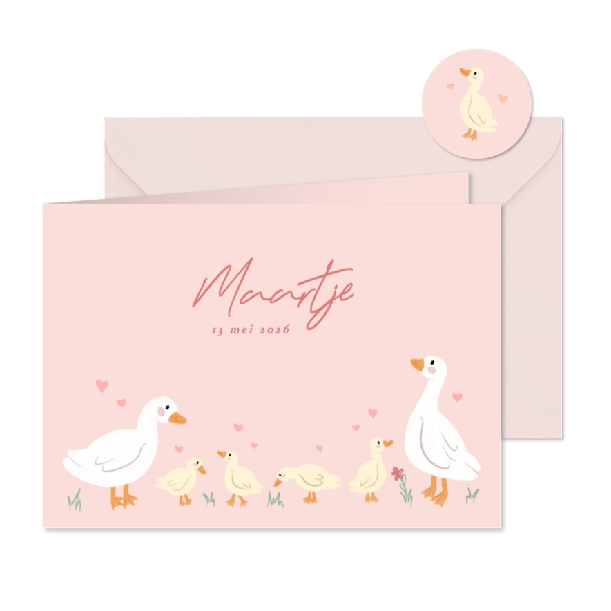Roze geboortekaartje vierde kindje met gansjes en kuikentjes - Kaartimpressie