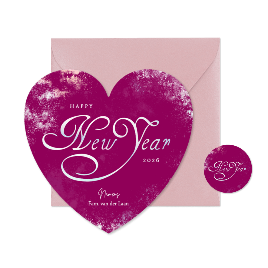  Roze hartje nieuwjaarskaart met holografisch new year - Kaartimpressie