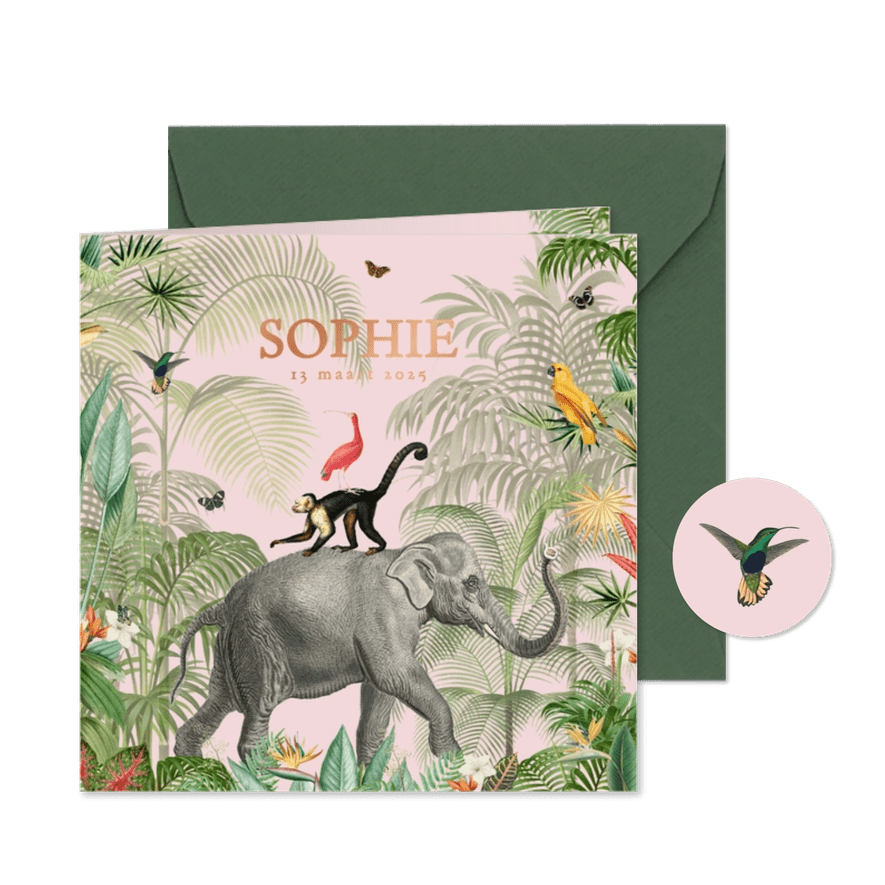 Roze jungle geboortekaartjes met olifant koperfolie - Kaartimpressie