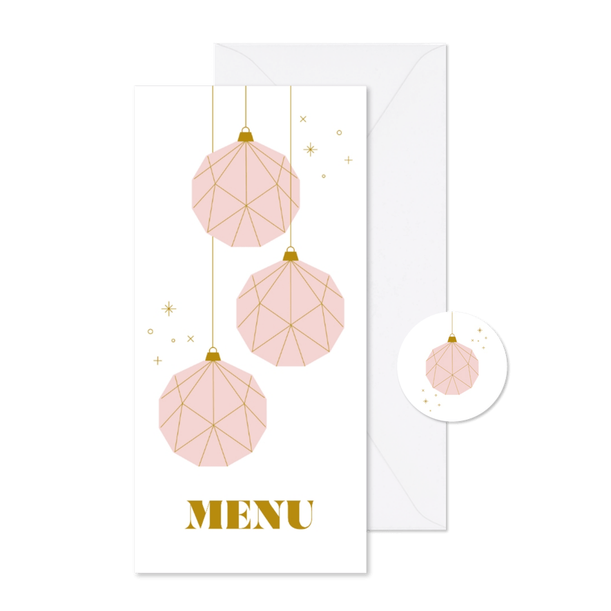 Roze kerst menukaart met papieren kerstballen en sterren - Kaartimpressie