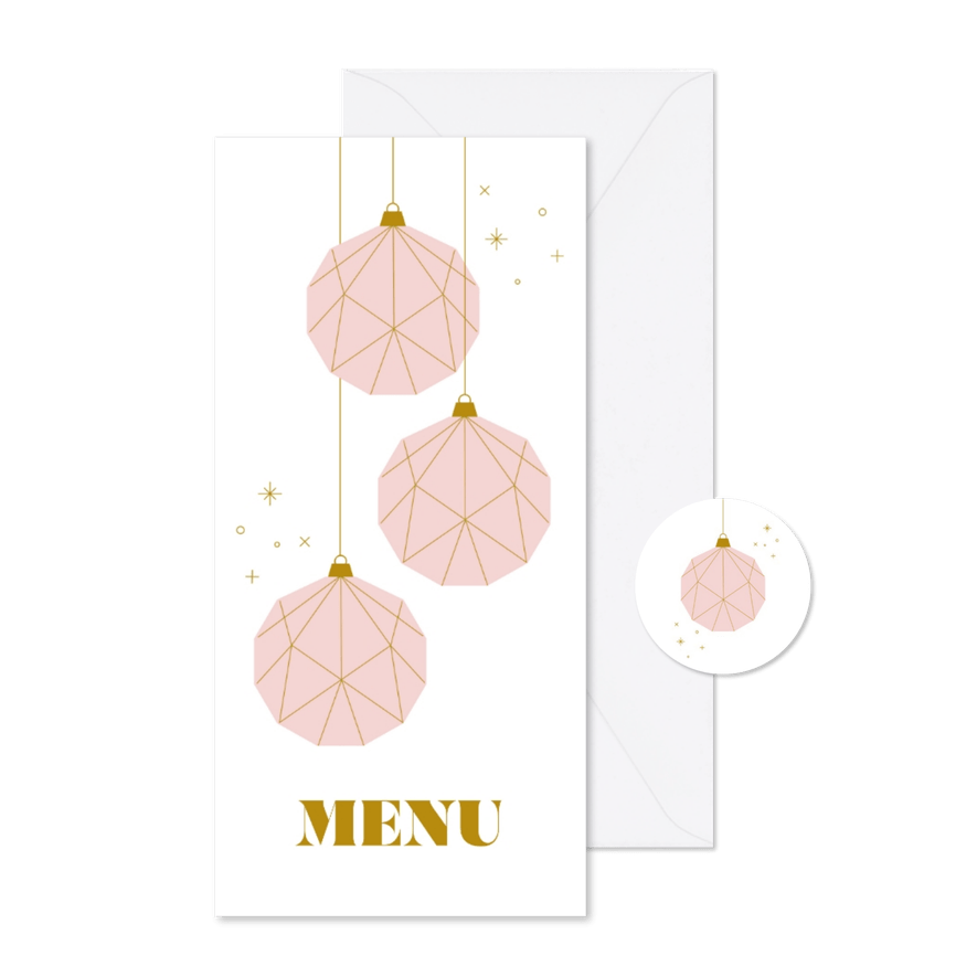 Roze kerst menukaart met papieren kerstballen en sterren - Kaartimpressie
