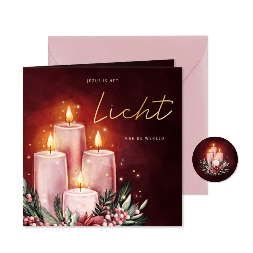 Roze kerstkaart Jezus is het Licht met vier adventskaarsen  - Kaartimpressie