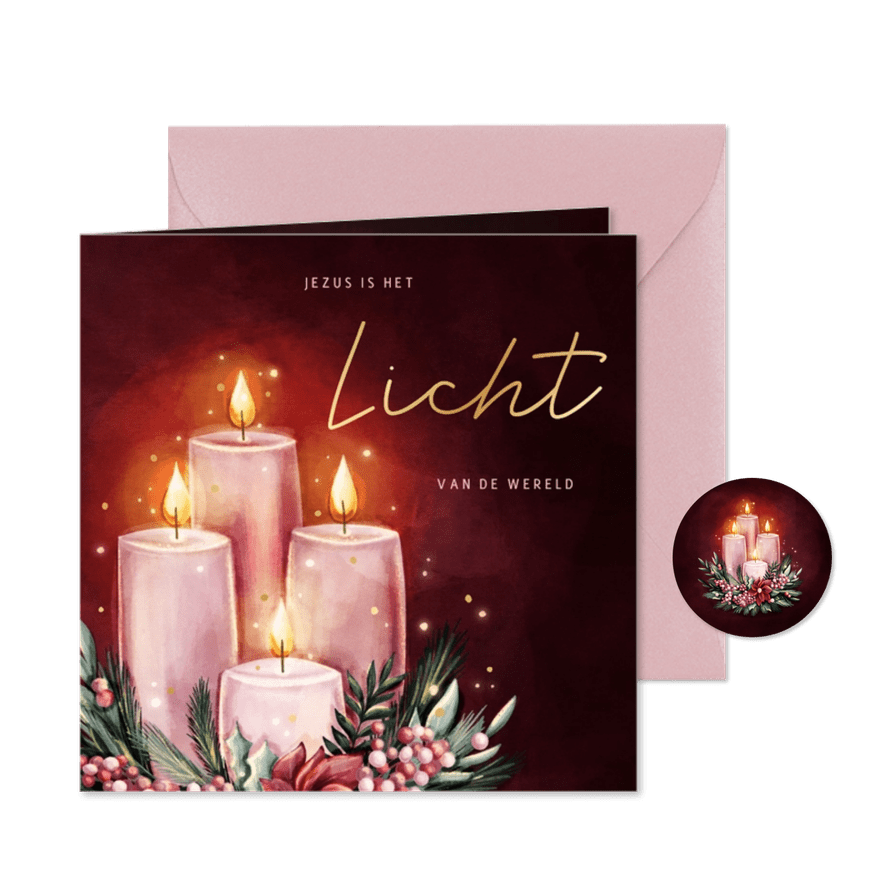 Roze kerstkaart Jezus is het Licht met vier adventskaarsen - Kaartimpressie