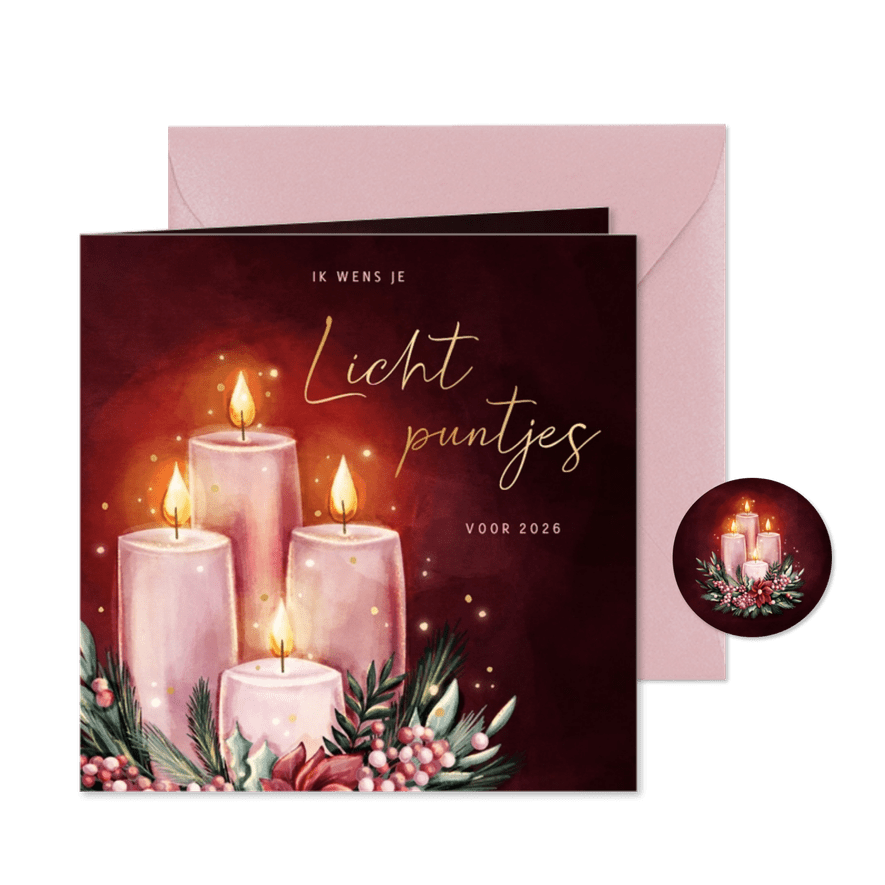 Roze kerstkaart lichtpuntjes voor 2026 met kaarsen - Kaartimpressie