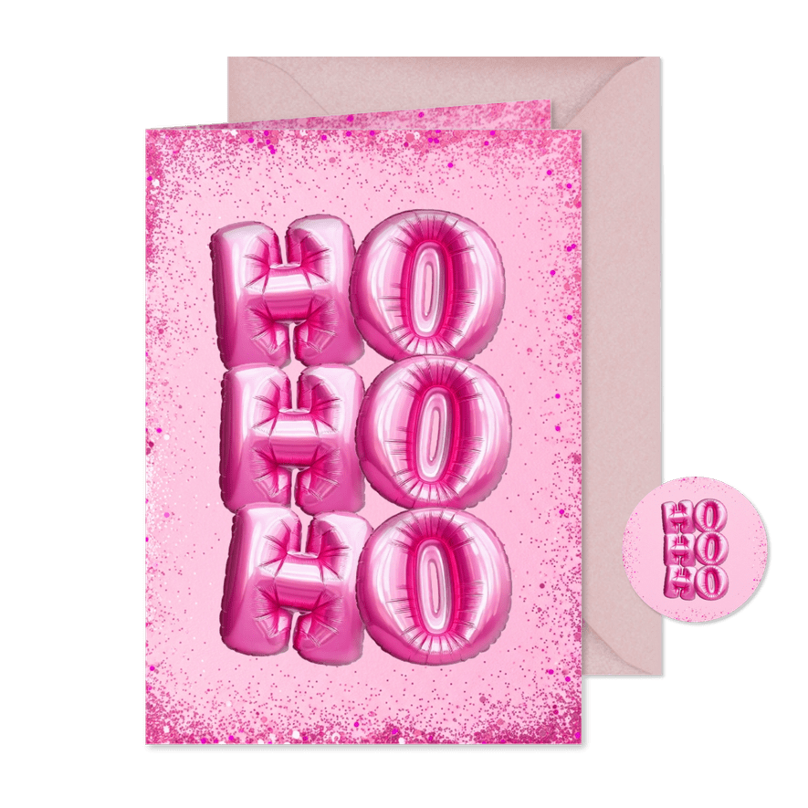 Roze kerstkaartje met glitters en ballonnen hohoho - Kaartimpressie