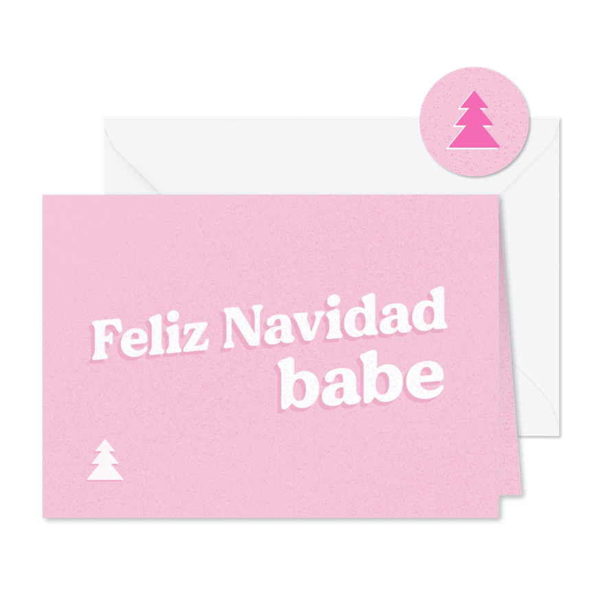 Roze kerstkaartje met humor feliz navidad babe - Kaartimpressie