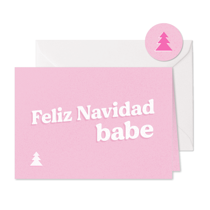 Roze kerstkaartje met humor feliz navidad babe - Kaartimpressie