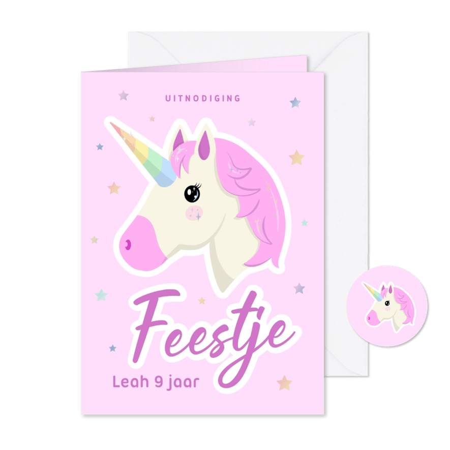 Roze kinderfeestje uitnodiging met eenhoorn en sterren - Kaartimpressie