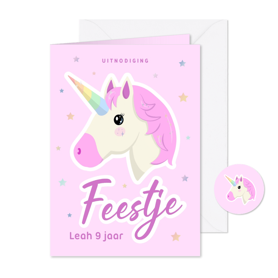 Roze kinderfeestje uitnodiging met eenhoorn en sterren - Kaartimpressie