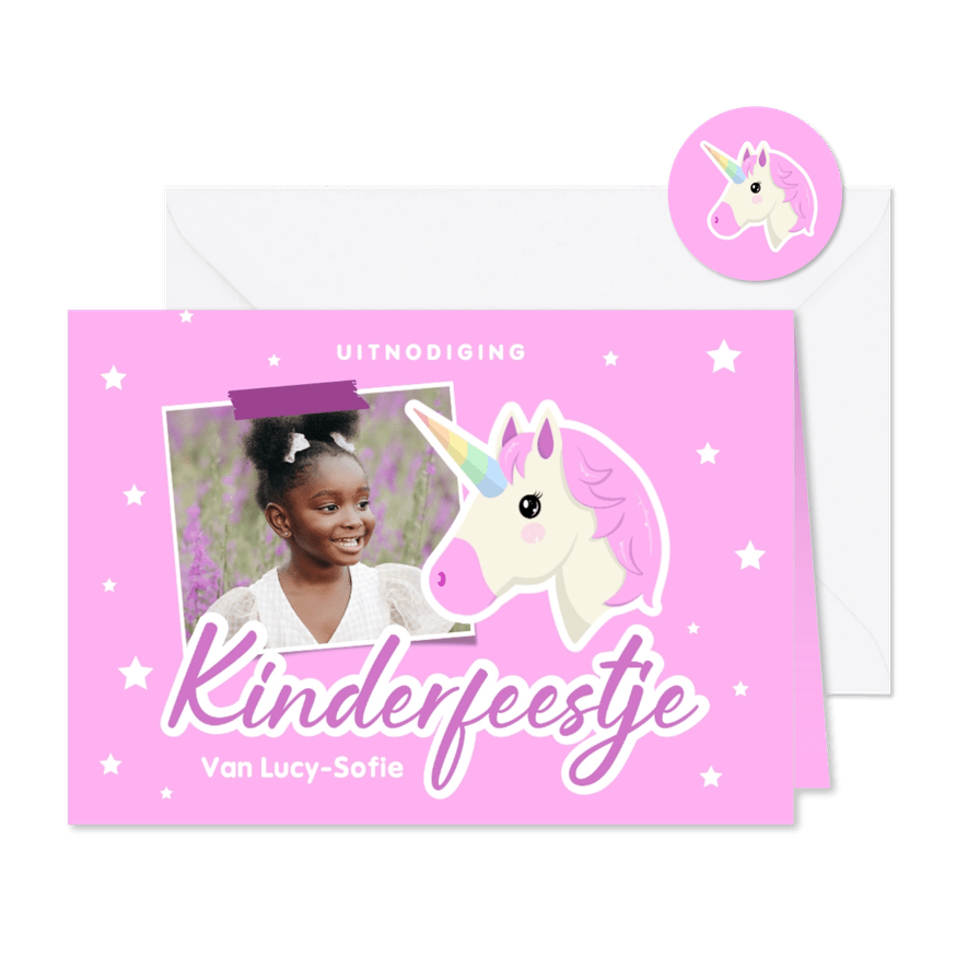 Roze kinderfeestje uitnodiging met foto en eenhoorn - Kaartimpressie
