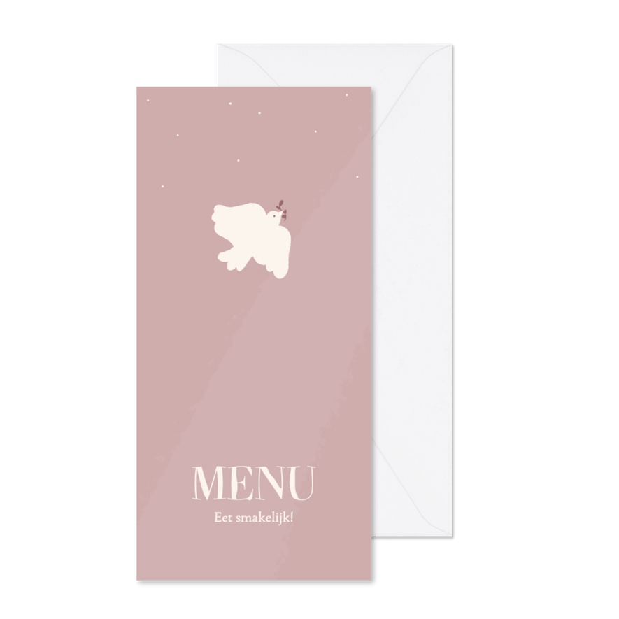 Roze menukaart voor communie met klassiek duifje - Kaartimpressie